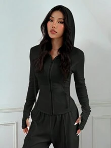 SHEIN EZwear 黑色连帽拉链上衣和长裤套装，纯色修身休闲日常装 - 黑色 - 查看 6
