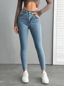 SHEIN Cottnline SUPER STRETCH HIGH WAIST SKINNY Blue JEAN - Light Wash - View 3