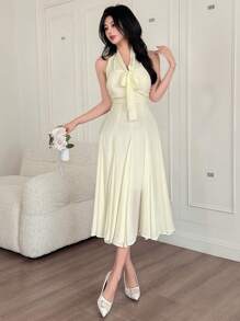 DAZY Women Mid-Calf High Neck Tied Pleated Mesh Solid Color Dress, Perfect For Date Night Prom Dress,Back To School Clothes - Beige - View 9