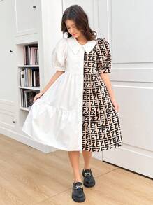SHEIN Leap Crew Vestido midi con cuello de solapa impreso, mangas abullonadas y bajo en línea A, con estilo relajado y elegante para la vuelta al colegio de chicas adolescentes - Multicolor - Ver 5
