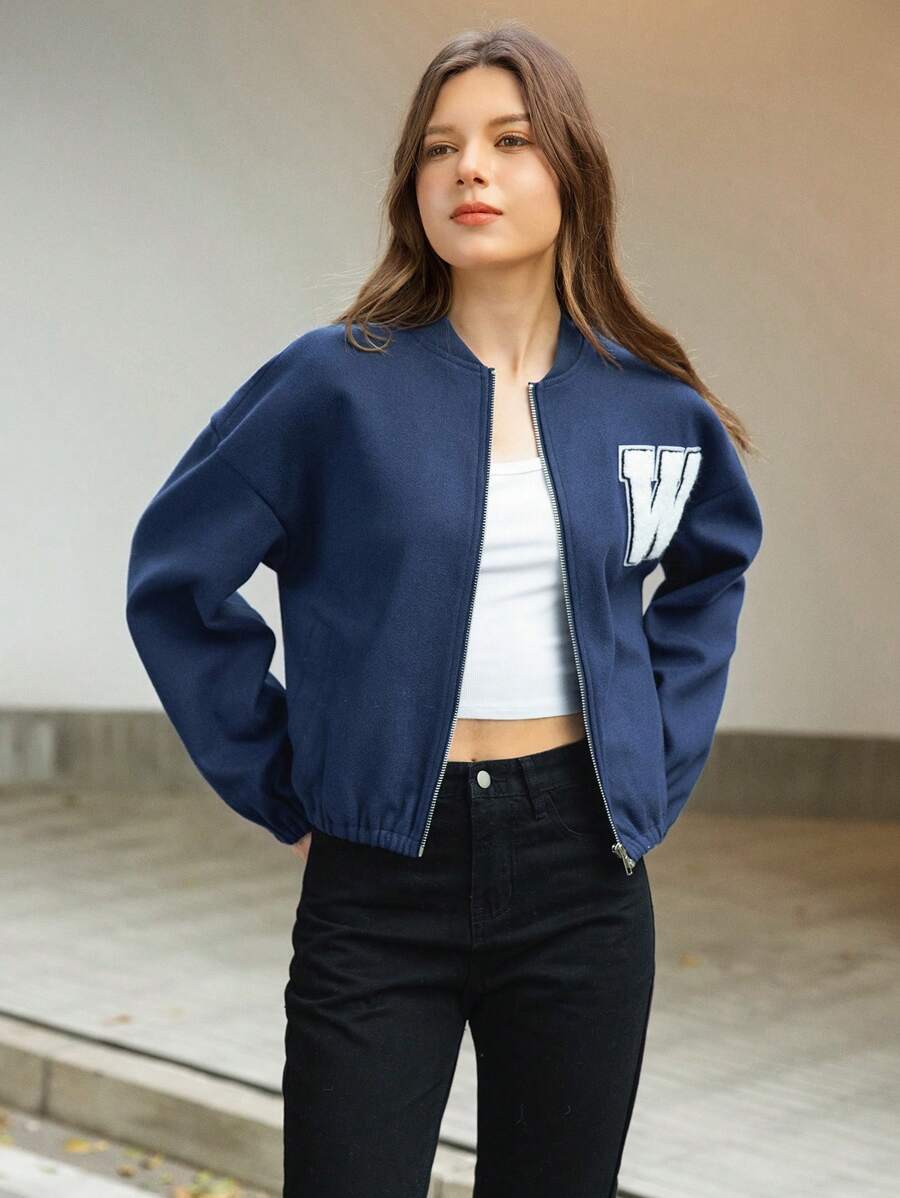 INAWLY Women's Autumn/Winter Letter Embroidered Casual Short Baseball Collar Jacket Fall Cloth For Women - Navy Blue - View 1