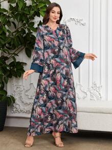 Al Najma 深 V 领前扣雪纺拼布全身印花阿拉伯风格连衣裙，端庄 - 彩色 - 查看 2