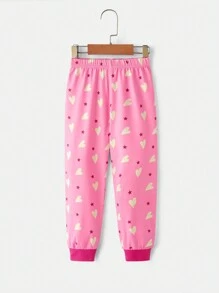 Heart Print Round Neck Long Sleeve Top And Pants Pajama Set For Young Girls - Hot Pink - View 5