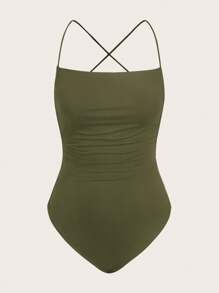 SHEIN EZwear Olive Green Knitted Backless Bodysuit - Army Green - View 1