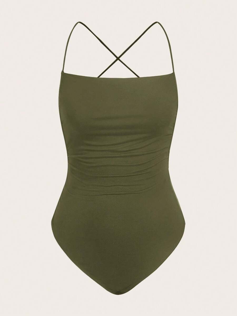 SHEIN EZwear Olive Green Knitted Backless Bodysuit - Army Green - View 1