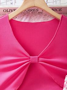 Set de 2 piezas: Vestido floral con decoración de lazo y blusa de manga corta para niñas preadolescentes, estilo campestre, conjunto para primavera/verano y vacaciones