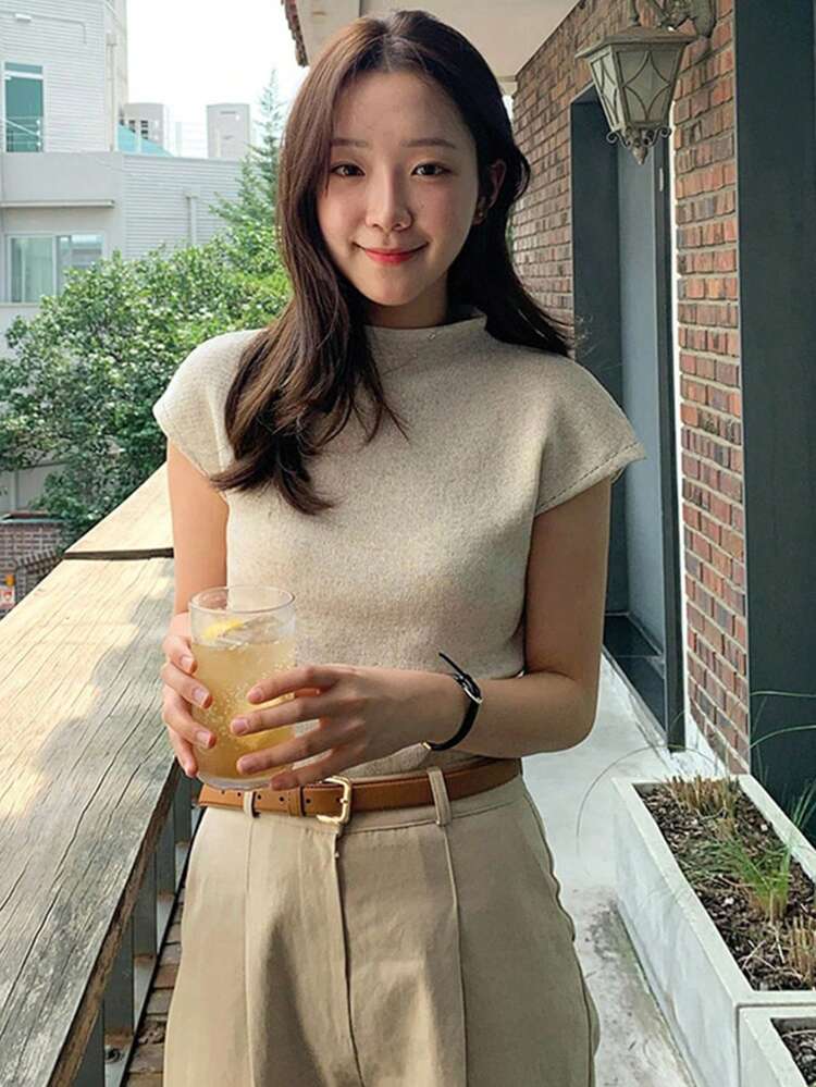 Women Solid Color Cap Sleeve Collar Form-Fitting Knit Top, Apricot Color, Spring/Summer Linen