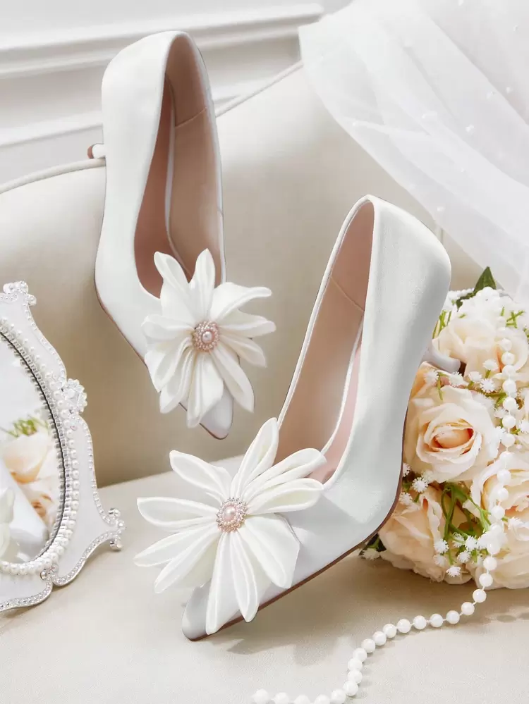 CUCCOO HITCHD Women's Fashion Elegant White Satin Flowery High Heels, Suitable For New Year, Valentine's Day, Bride, Banquet, Wedding, Dating, Holiday Party Spring Shoes Spring Break Easter Prom Heels