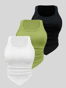 Flirla 2pcs/Set Crisscross Ribbed Hem Pleated Detail Spaghetti Strap Camisole Top In Multiple Colors Women Tank Tops Camis Elegant Fitted Tops