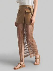 Ontre Chân váy chắp vá phong cách Bohemian cổ điển dành cho nữ, chất liệu PU màu cà phê chắp vá với vải dệt kim phù hợp, trang phục công sở thường ngày, phong cách cổ điển giản dị, thời trang sân bay đi làm chất lượng cao, chất liệu cao cấp - Màu Khaki - Xem 1