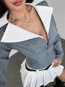 Flirla 女士时尚通勤拼色二合一拉链衬衫，春夏 - 彩色 - 查看 4