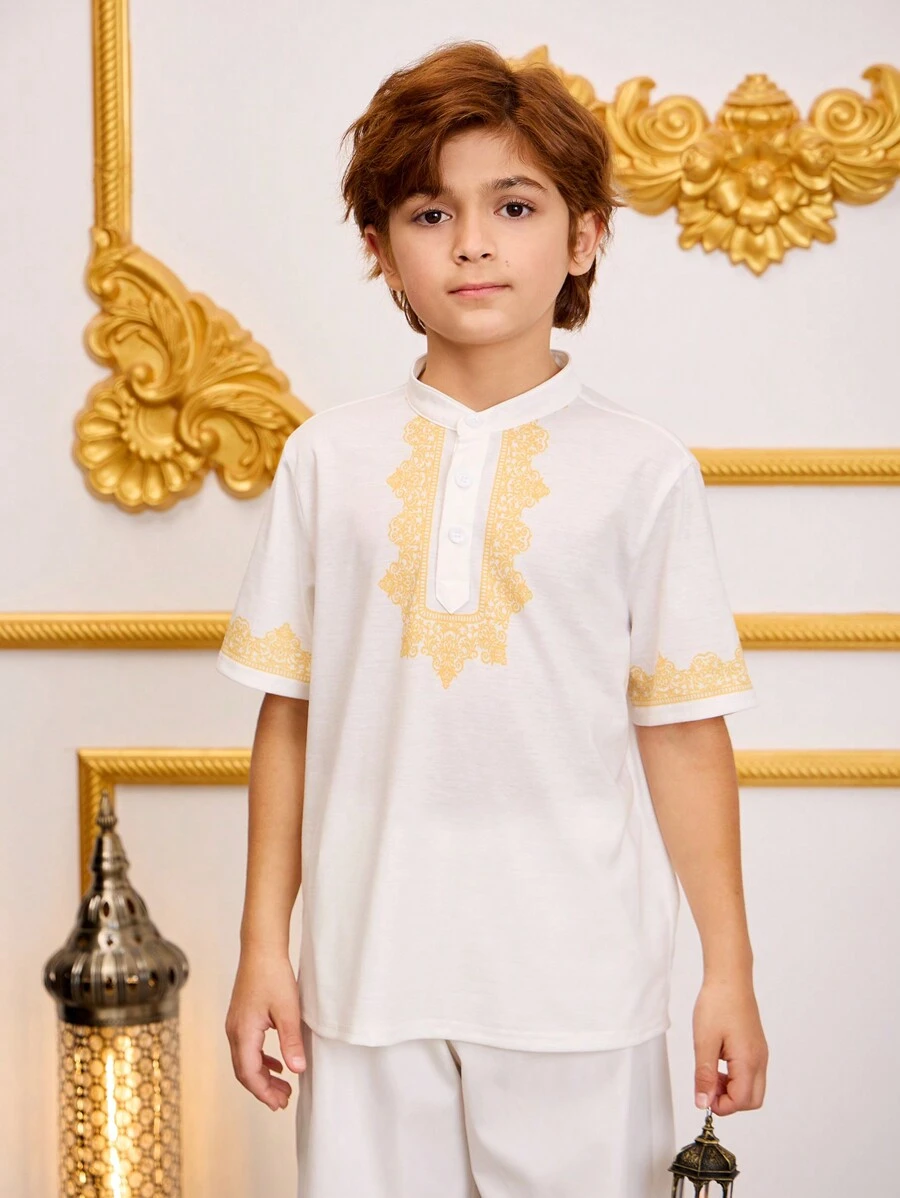 Kids/Tween Boys Casual Academy Versatile Printed Stand Collar Half-Zip Pullover Loose Knit Polo Shirt - White - View 1