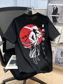 SHEIN Leap Crew Teen Boys Casual Loose Comfortable Versatile Funny Hooded Figure Print Short Sleeve T-Shirt - Black - View 1