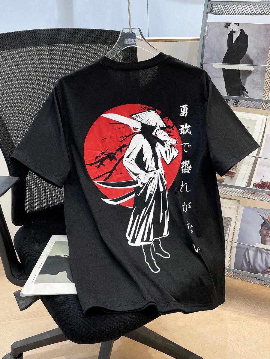 SHEIN Leap Crew Teen Boys Casual Loose Comfortable Versatile Funny Hooded Figure Print Short Sleeve T-Shirt - Black - View 1