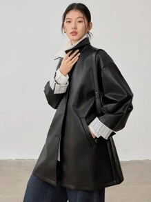 Dazy-Less Women's Casual Loose Plaid Patchwork PU Jacket Windbreaker Ladies Regular Coat,Fall Clothes Business Casual Woman Work Clothes Leather Jacket - Black - View 6