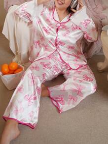 SweetSlumber Plus Size Bowknot Print Chiffon Ruffle Trim Colorblock Pink Pajama Set, For Valentine's Day