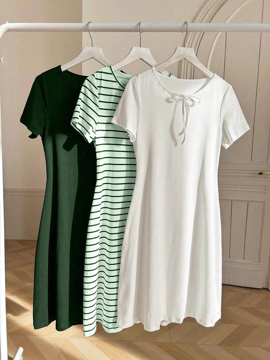 3pcs/Set Striped White And Green Dress Set - Multicolor - View 1