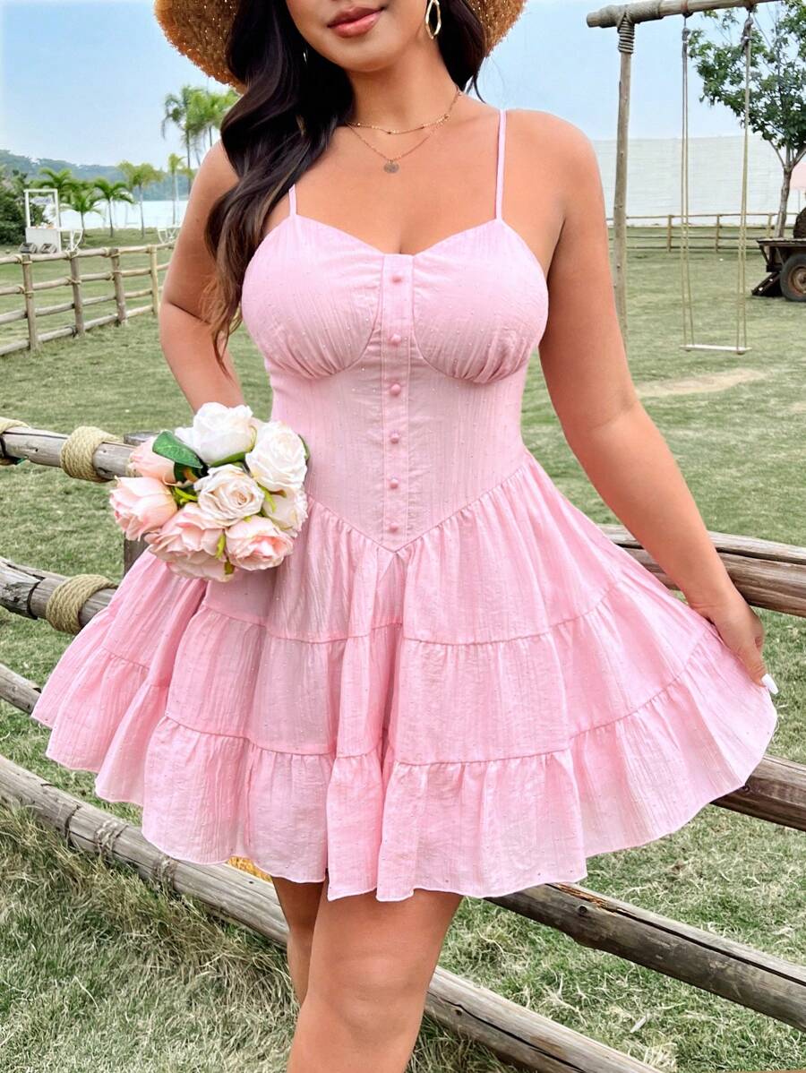 Flirla 大码女式休闲度假可爱甜美粉色水钻腰部可调节肩带连衣裙，春夏