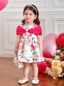 SHEIN Fern Glow  Baby Girls Cute Floral Pattern Colorblock Pink & Rose Red Dress, Summer - Pink - View 3