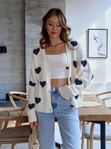EURMUSE Knitwear Cardigan With Heart Placement - Navy Blue - View 4
