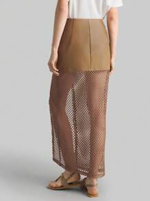 Ontre Chân váy chắp vá phong cách Bohemian cổ điển dành cho nữ, chất liệu PU màu cà phê chắp vá với vải dệt kim phù hợp, trang phục công sở thường ngày, phong cách cổ điển giản dị, thời trang sân bay đi làm chất lượng cao, chất liệu cao cấp - Màu Khaki - Xem 6