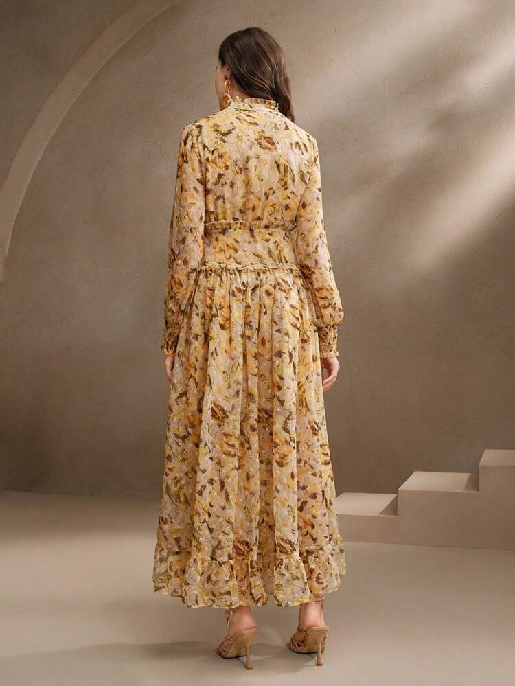 Women Elegant Vacation Romantic Date Party Stand Collar Long Lantern Sleeve Ruffle Hem Ditsy Floral Dress, Spring Outfits For Women