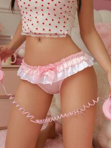PetitDoll Women Cute Sweet Ruched Bow Layered Lace Trim Triangle Panties - Pink - View 4