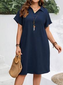 EMERY ROSE Damen Große Größen Sommer Kragen Boho gerades blaues Kurzarm Kleid