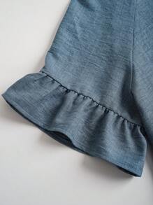 EMERY ROSE Plus Size Blue Plain Crew Neck Short Sleeve Pleated Simple Shirt, Casual Everyday Wear Summer Outfits  Vacation Outfits Woman  Western Wear Women  Country Outfits Women - Dusty Blue - View 6