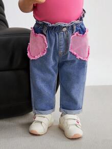 SHEIN Baby Girls Cute Heart Pocket Loose Blue Denim Harem Pants,Valentine's Day Denim Jeans - Light Wash - View 1