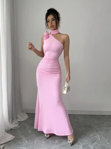 Rafferiza Elegant Quality Sexy Ruffle Pink 3D Floral One Shoulder Asymmetrical Design Mermaid Dress For Women - Pink - View 4