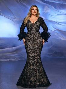 Glamrae Plus Size Luxury Sequin Patchwork Turkey Feather Cuff Mermaid Evening Gown, Wedding Guest Dress, Party Dress, Formal Dress