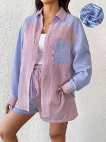 SHEIN 2 pièces/Set Ensemble Chemise à rayures de maternité et short droit avec nœud décoratif réglable, automne/printemps