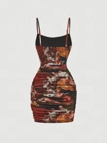 SHEIN MOD Women's Vintage Angel Painting Print Bodycon Dress, Renaissance Homecoming Dresses, Formal Clothes, Short Cocktail - Burgundy - View 2