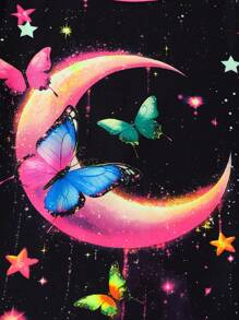 青少年女孩蝴蝶夜光扎染月亮拼布圆领短袖上衣和裤子套装，舒适贴身，时尚