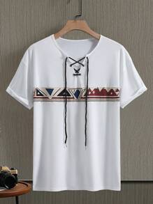 Manfinity RSRT Camiseta casual de manga corta con cordones delanteros de unicolor para hombre