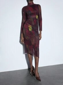 Maija 露背扎染印花立领修身长袖女式连衣裙，适合派对和聚会，春夏季时尚 - 玫瑰紅 - 查看 3