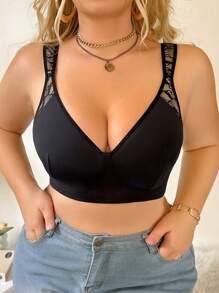 1 件大码女士蕾丝拼接无钢圈文胸 - 黑色 - 查看 5