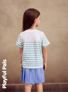 SHEIN 2 PIECES Ensemble chemisier et jupe plissée pour filles, t-shirt à manches courtes avec motif contrastant rayé et soleil, et jupe mini polyvalente, casual pour le quotidien, les sorties, l'école, les fêtes, printemps/été/automne - Multicolore - Voir 2