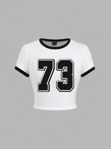 SHEIN Casual Numeric Pattern Short Sleeve Round Neck T-Shirt For Women