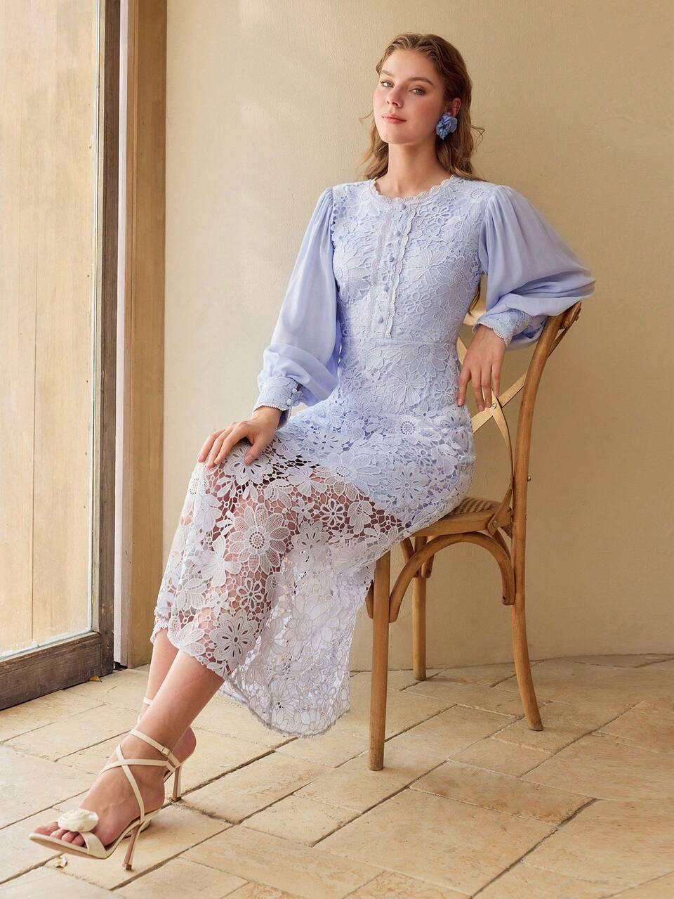 CONTRAST GUIPURE LACE LANTERN SLEEVE DRESS,SPRING/SUMMER