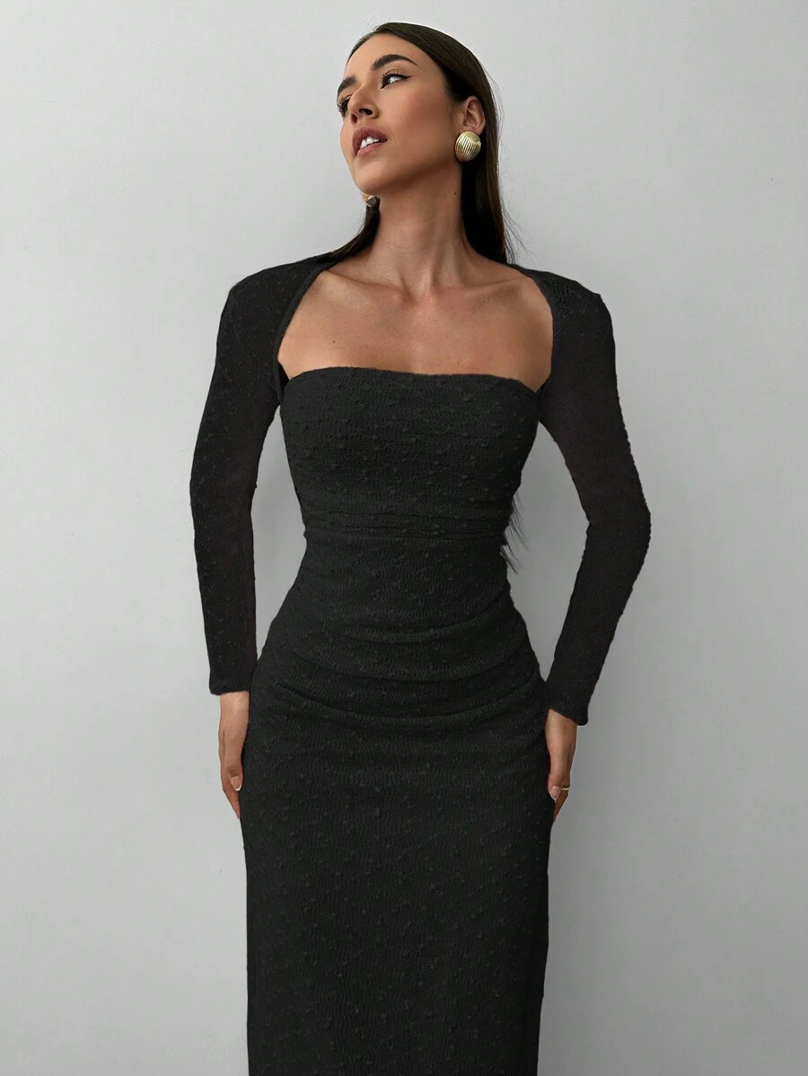 Aloruh Váy dệt kim Jacquard cổ vuông thanh lịch cho nữ, hàng mới về mùa thu/đông - màu đen - Xem 1