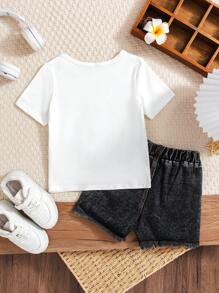 SHEIN Elladie kids 2件套少女圆领短袖印花休闲上衣和短裤套装 - 白色 - 查看 2