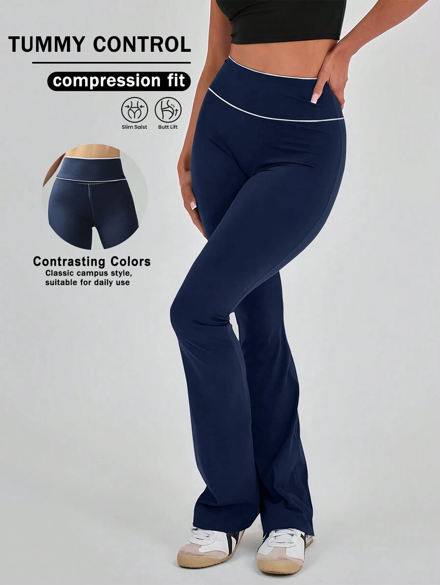 Casual Slim-Fit Fitness Leggings, Elongating, Elegant, Versatile, Vintage Style, Lift Buttocks, High Stretch, Sports, Fashion, Yoga Pants - Navy Blue - View 1