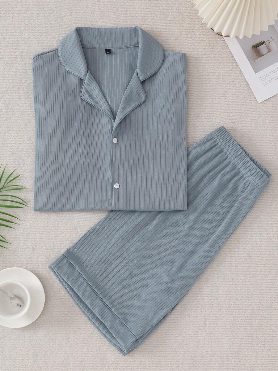 Men's Comfortable Casual Solid Color Short Sleeve Shirt And Shorts 2 Pieces Pajama Set - Baby Blue - View 1