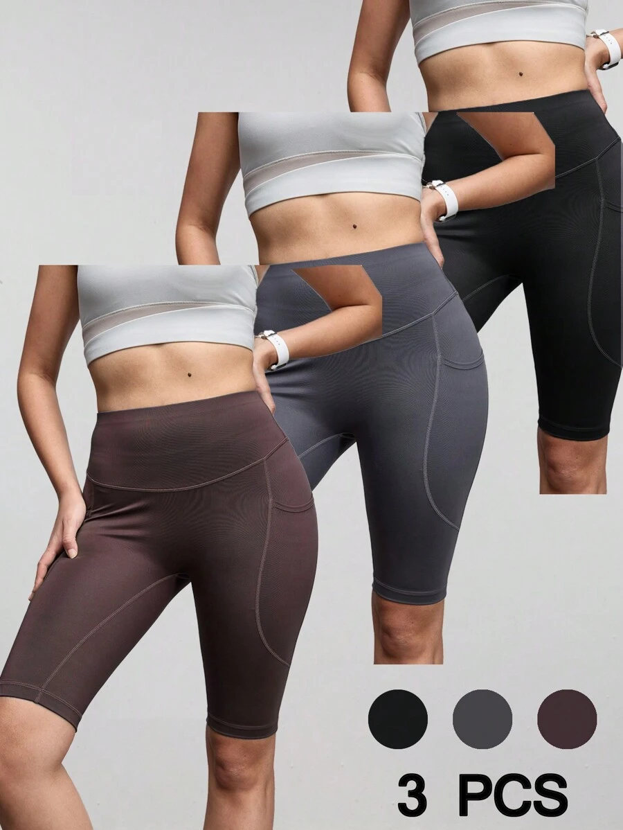 Women's Solid Color High Waist High Elasticity Athletic Yoga Shorts Set - Mixed color - View 1