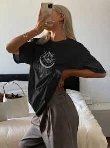 DAZY 女士纯色圆领长款宽松短袖 T 恤图案 T 恤超大码 T 恤