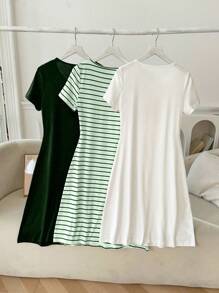 3pcs/Set Striped White And Green Dress Set - Multicolor - View 2