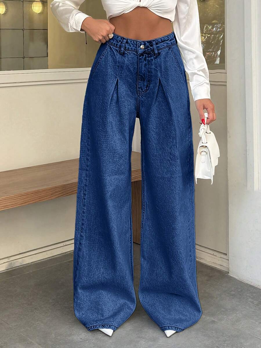 EURMUSE 100% Cotton HIGH WAIST WIDE LEG VINTAGE JEAN - Medium Wash - View 1
