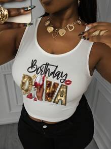 Maweii Top casual de tirantes estampada para mujer talla grande, camiseta gráfica de mujer "Birthday AEVA" tops de verano